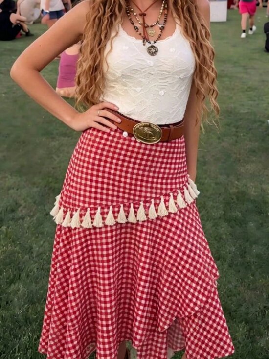 Dresses & Skirts - Red Casual Women's Plaid Asymmetric Ruffle Hem Patchwork Tassel Skirt